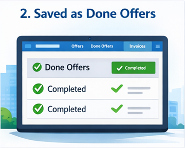 Benutzer-Dashboard mit abgeschlossenen Transportaufträgen, die auf ExusTrans als Done Offers gespeichert sind